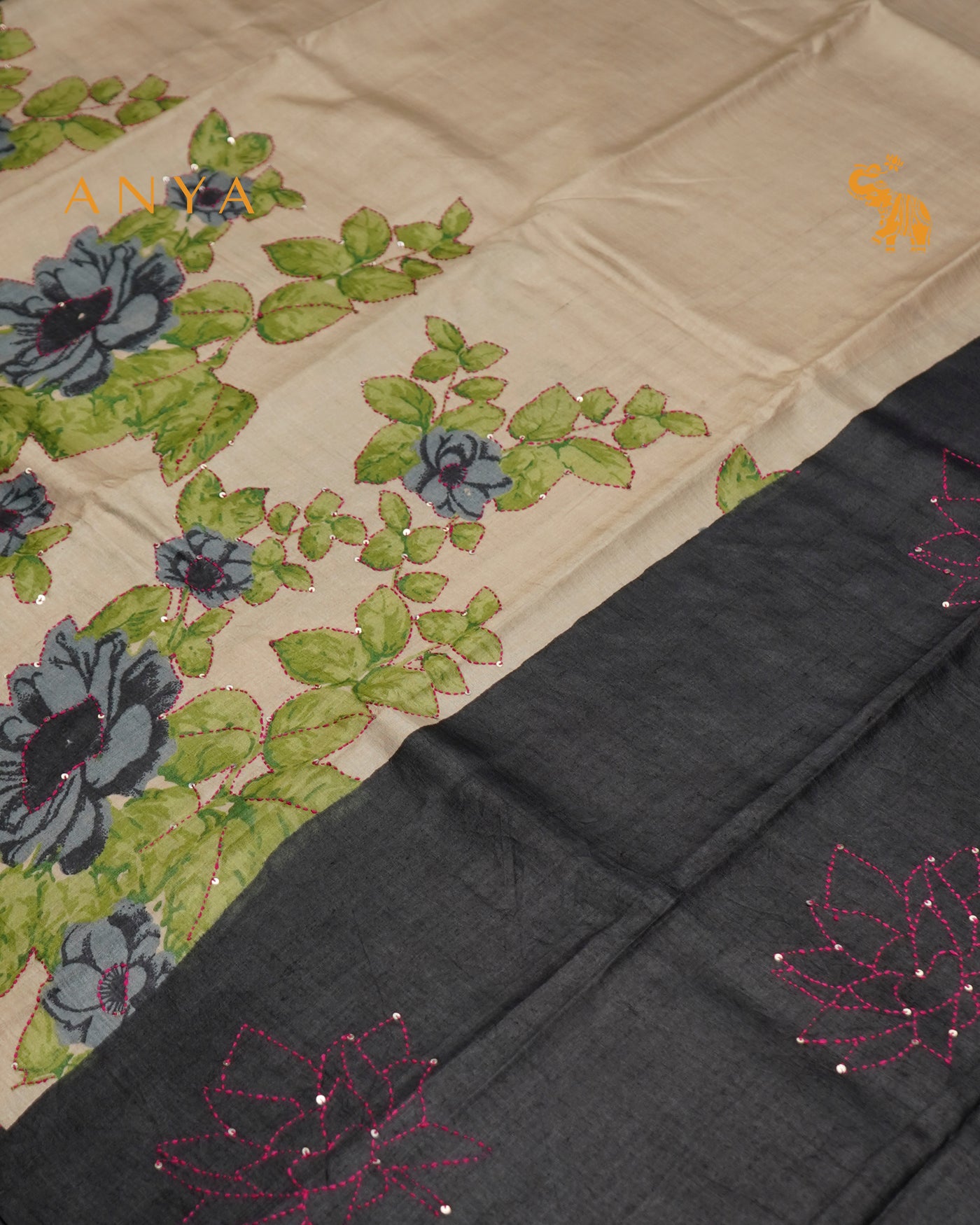 Off White Tussar Silk Saree with Floral Kantha Work Design