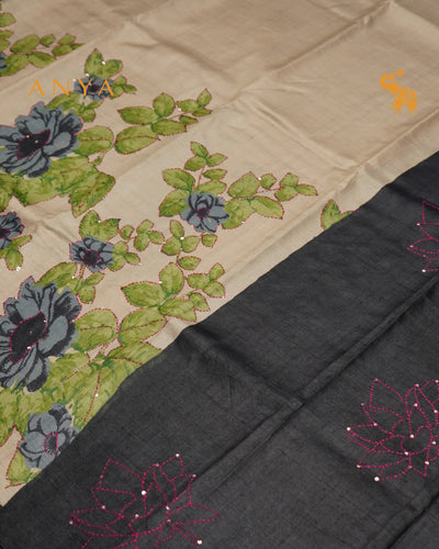 Off White Tussar Silk Saree with Floral Kantha Work Design