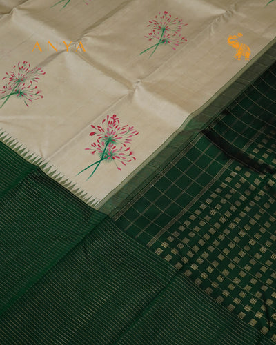 Off White Hand Painted Kanchi Silk Saree with Zari Kattam and Floral Painted Design