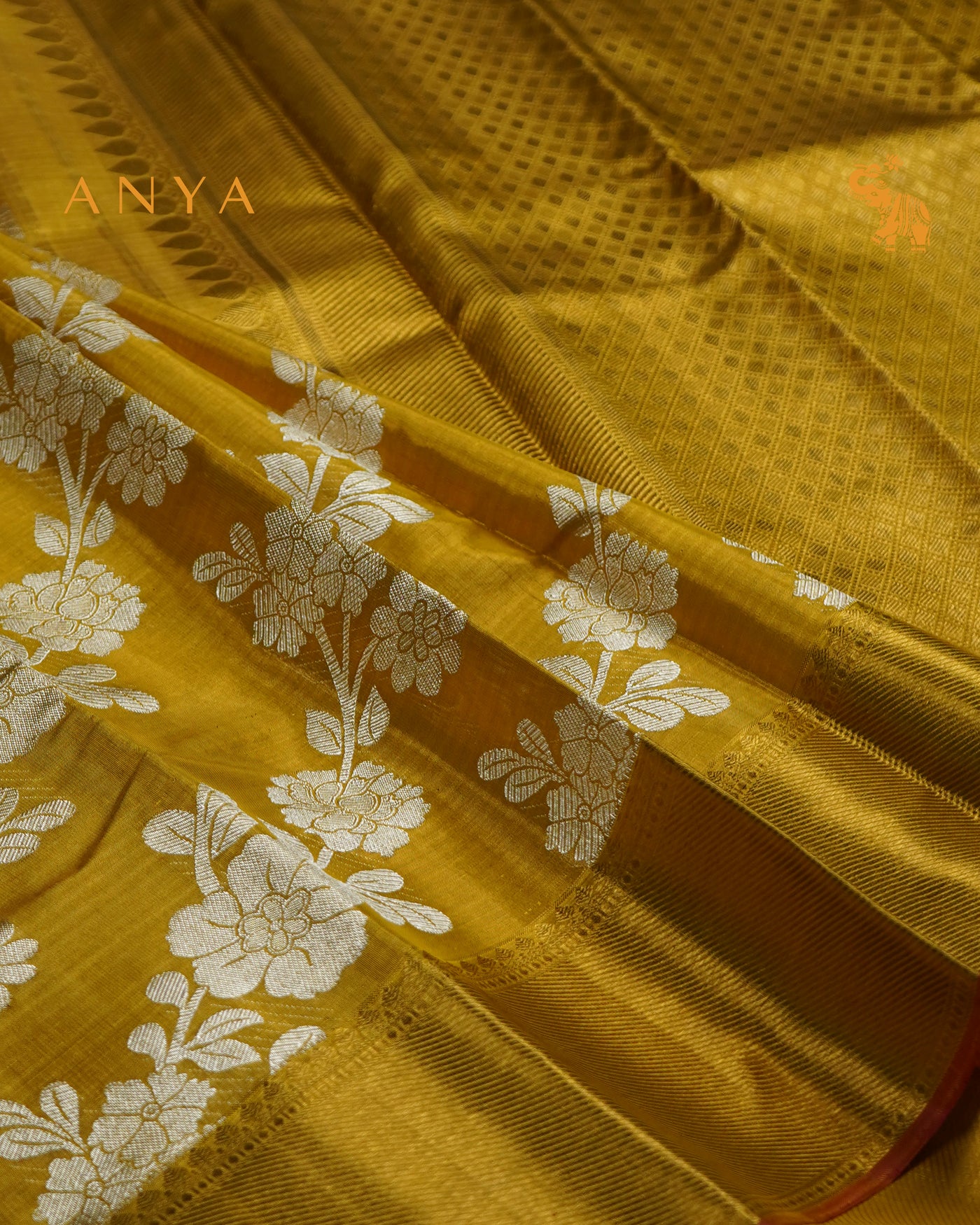 Mustard Yellow Kanchipuram Silk Saree with Floral Creeper Design