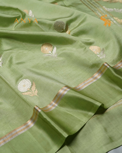 Apple Green Satin Silk Banarasi Saree with Floral Motifs Design