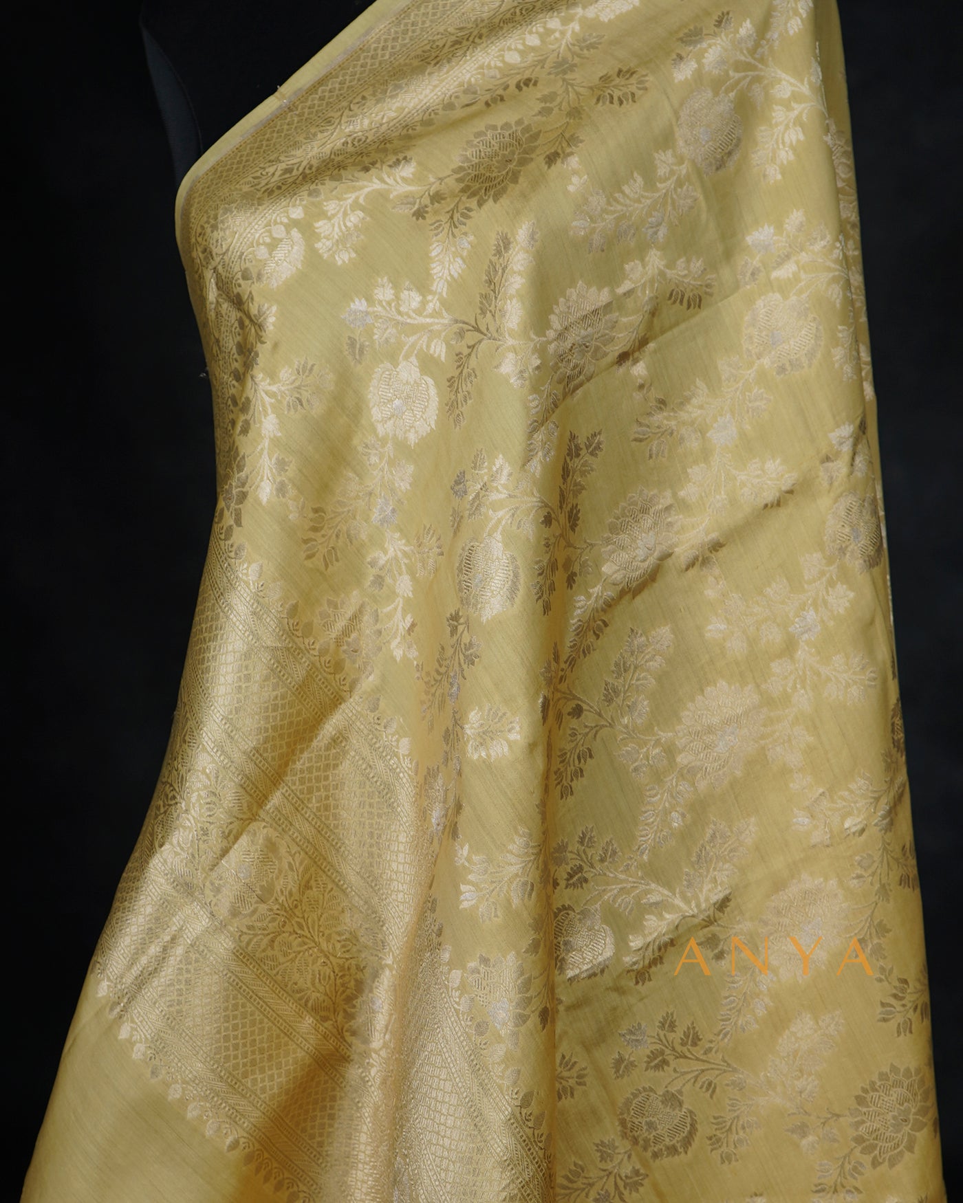 Yellow Banarasi Silk Dupatta with Floral Zari Creeper Design