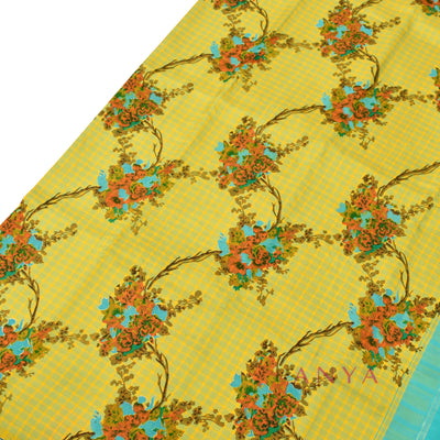 Mustard Printed Kanchi Silk Saree with Small Checks and Floral Design