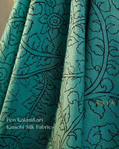 Sky Blue Pen Kalamkari Kanchi Silk Fabric