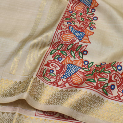 Off White Kanchi Silk Dhoti with Madhubani Hand Painted Design