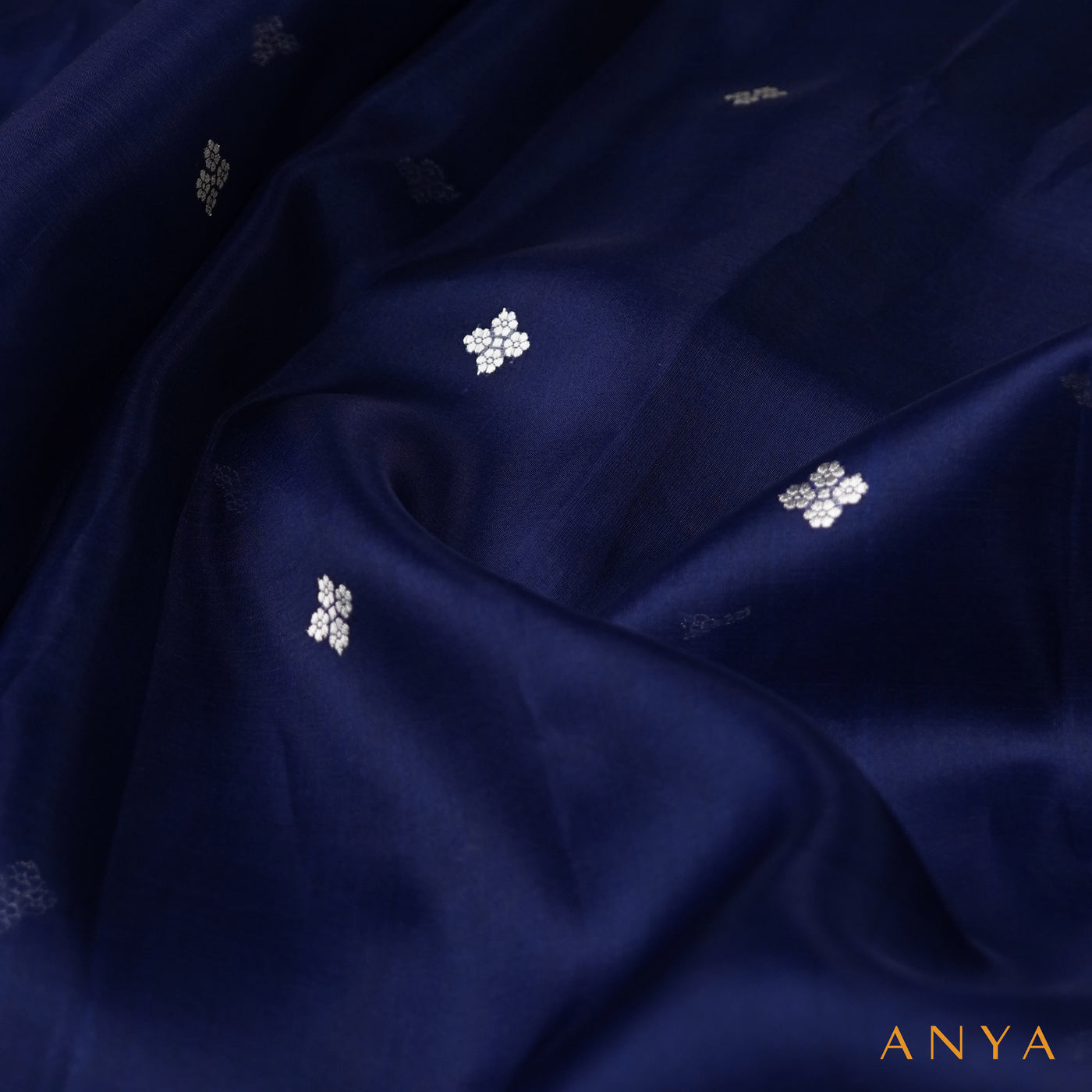 Navy Blue Organza Fabric with Zari Butta Design