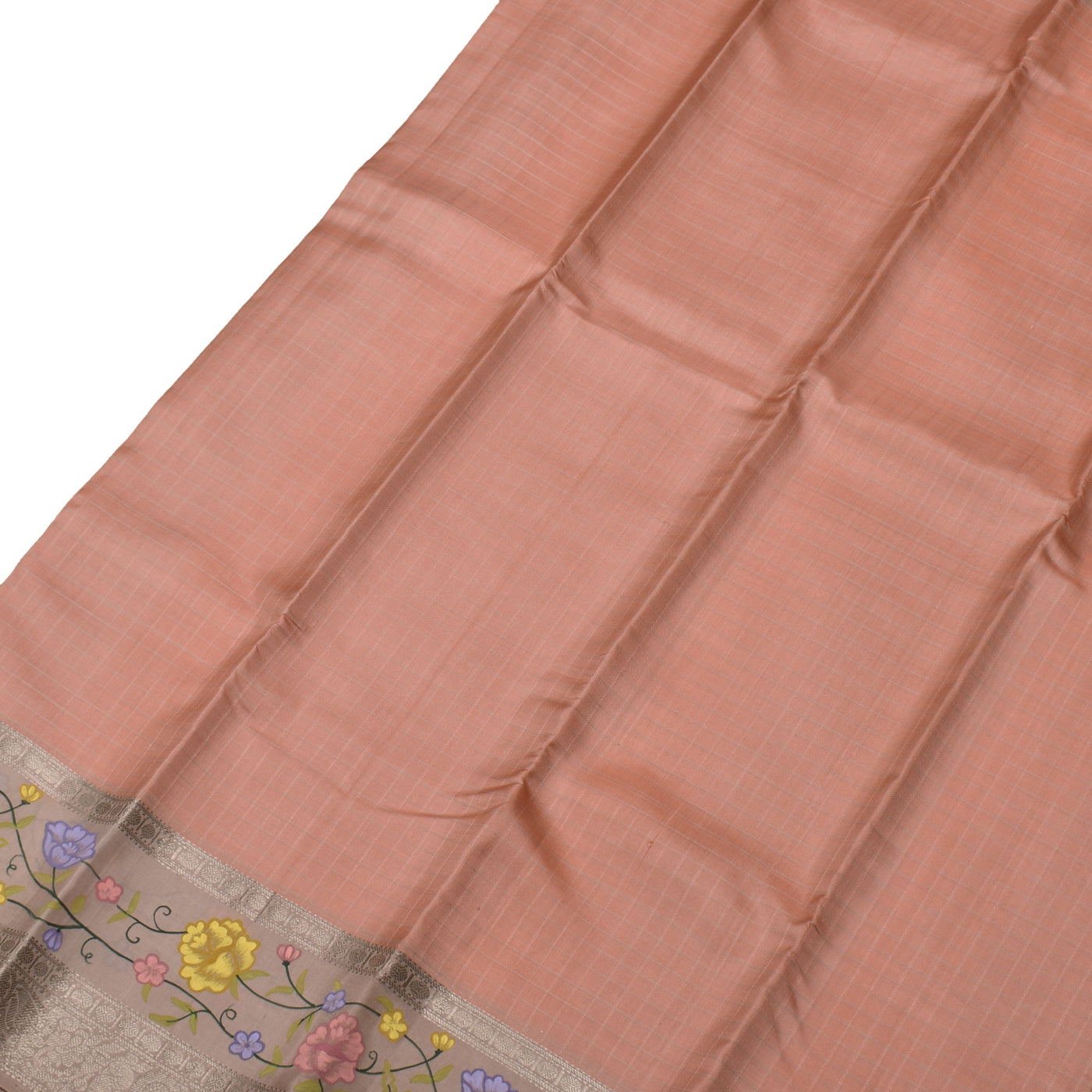 Onion Pink Hand Painted Kanchi Silk Saree with Lines Design