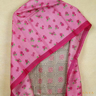 Off White Tussar Silk Salwar with Onion Pink Floral Printed Dupatta