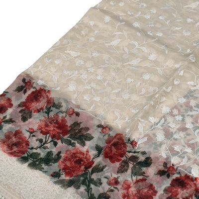 Off White Organza Silk Saree with Floral Embroidery Design