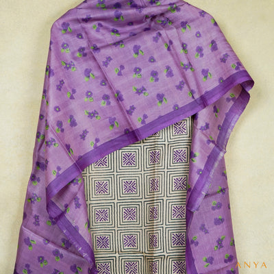 Off White Tussar Silk Salwar with Lavender Floral Printed Dupatta