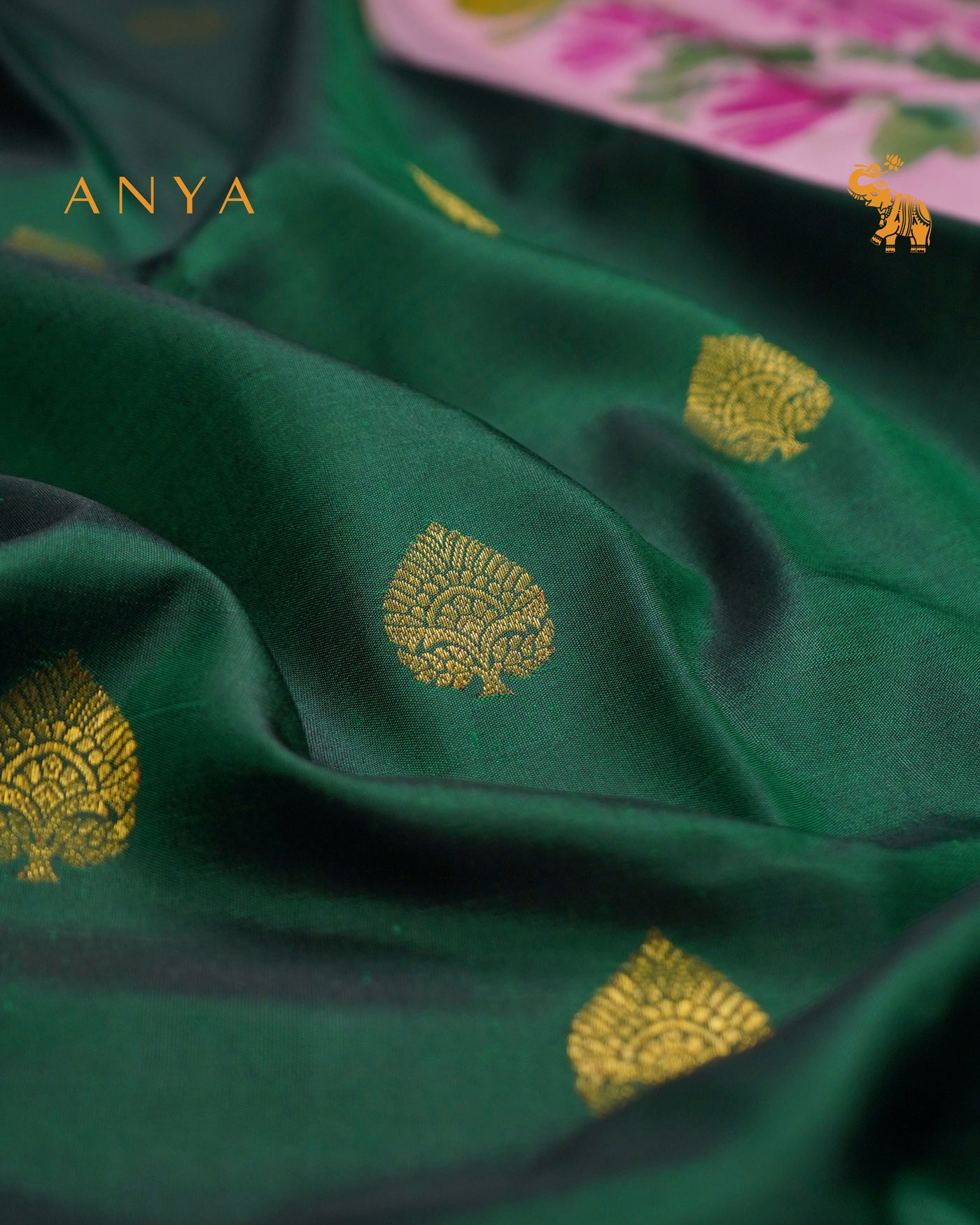 Bottle Green Hand Painted Kanchi Silk Saree with Zari Butta Design