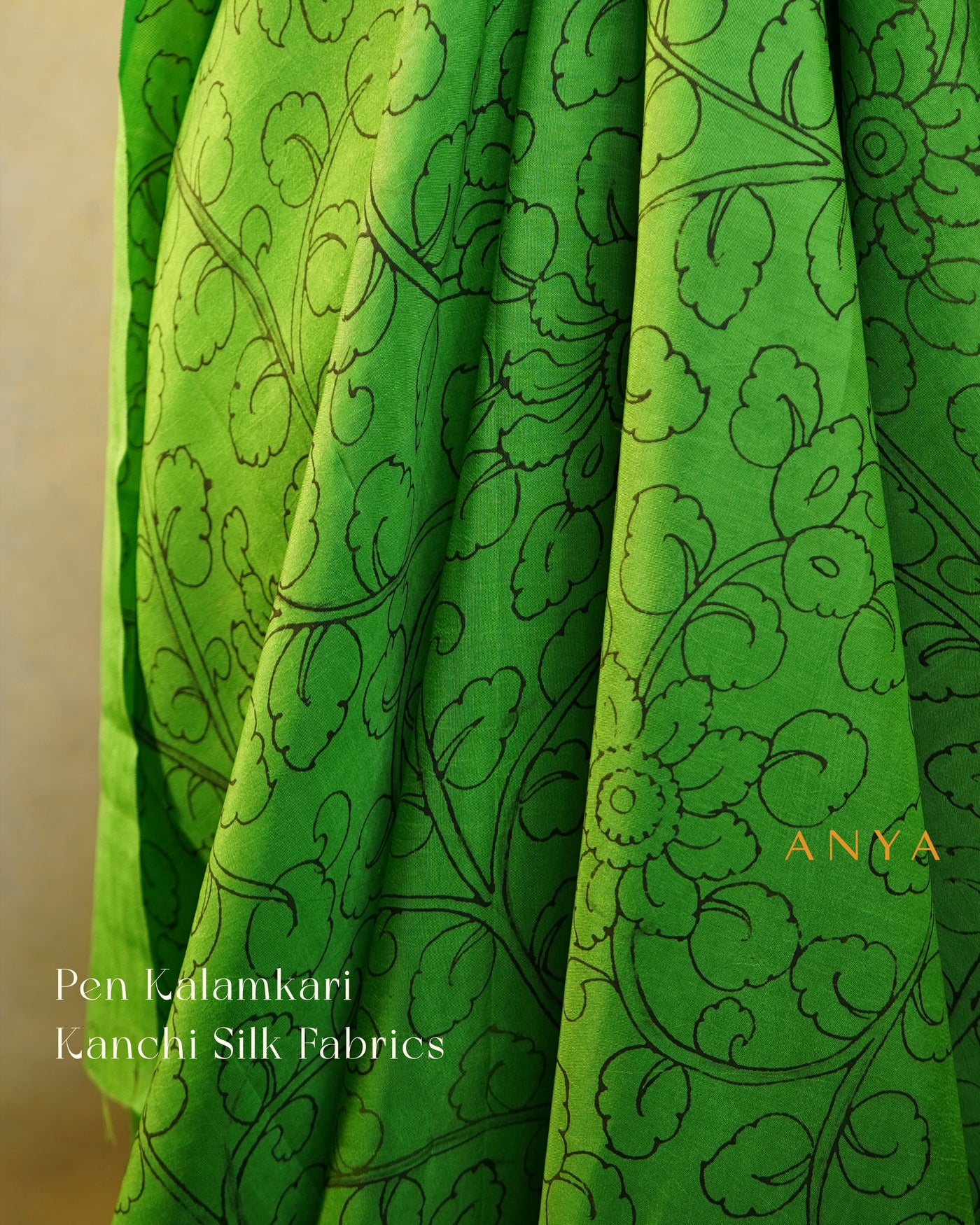 Green Pen Kalamkari Kanchi Silk Fabric