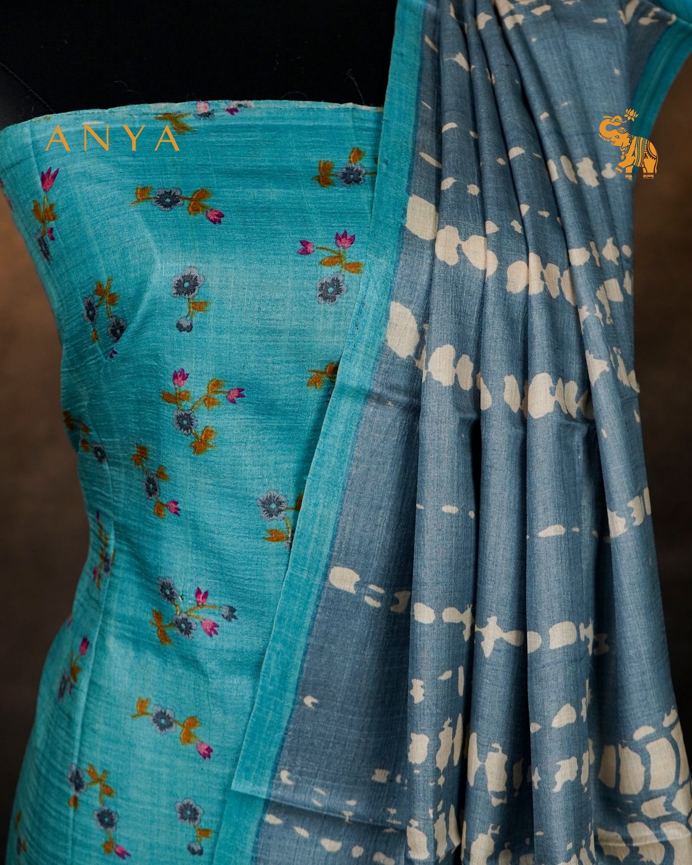 Rexona Blue Floral Print Tussar Silk Salwar with Grey Shibori Print Design