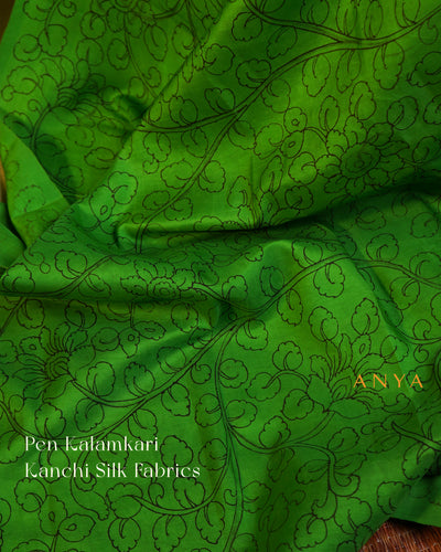 Green Pen Kalamkari Kanchi Silk Fabric