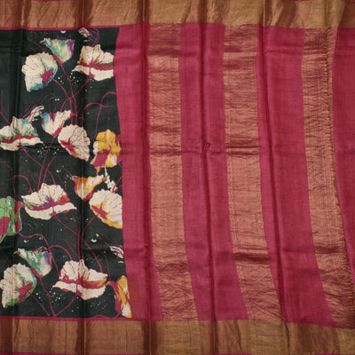 Black Tussar Silk Saree with Floral Printed Design