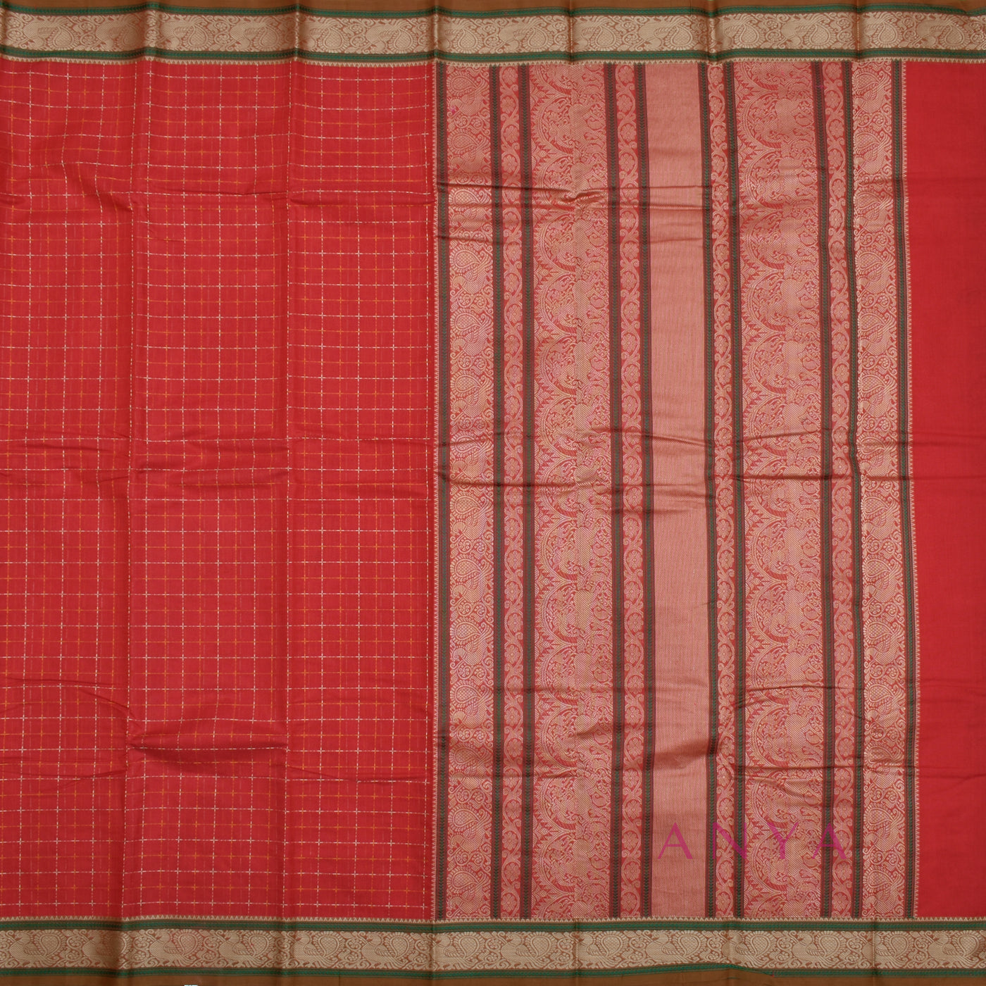 Red Kanchi Cotton Saree with Thread Kattam Design