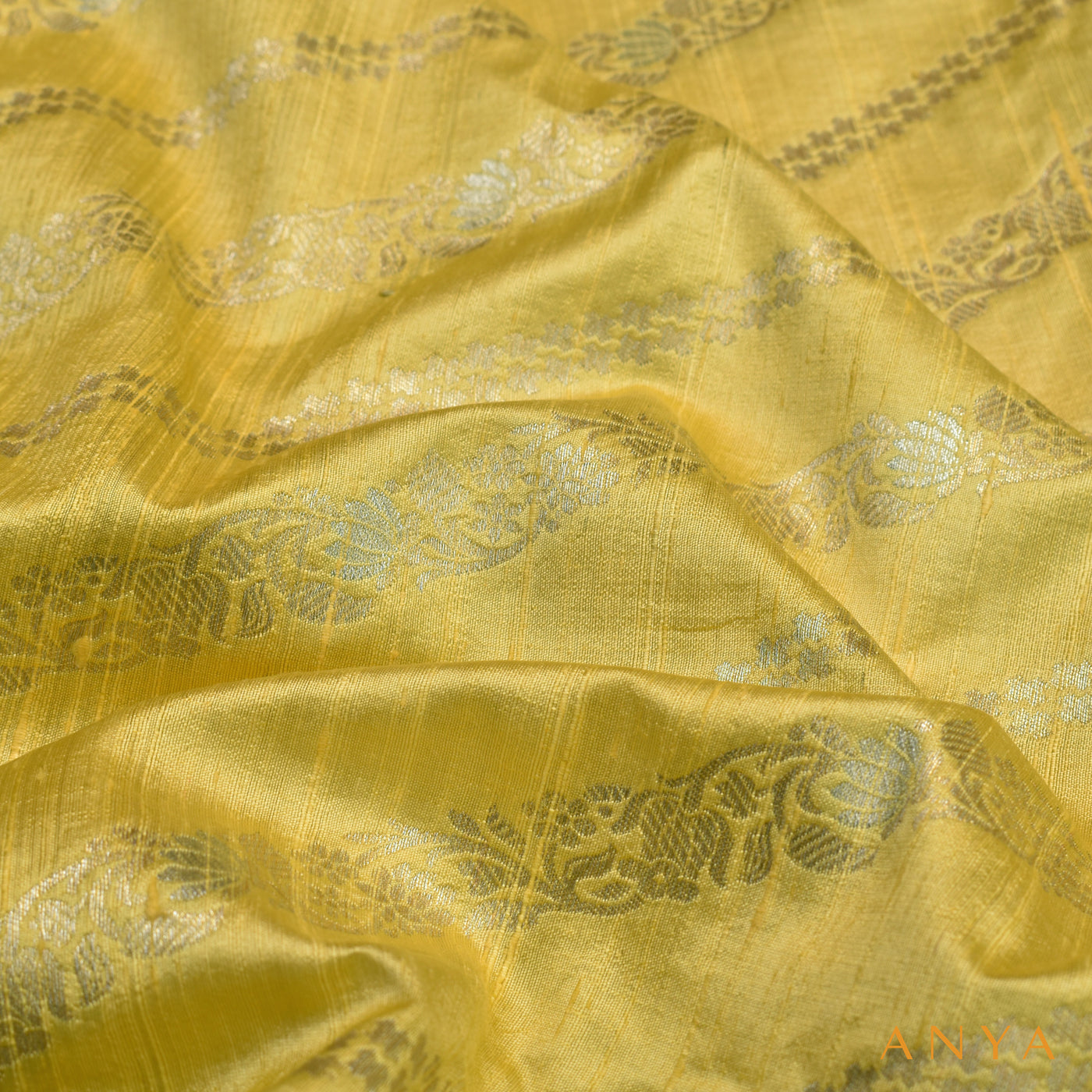 Yellow Banarasi Silk Fabric with Cross Stripes Design