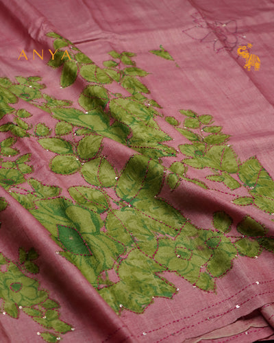 Onion Pink Tussar Silk Saree with Floral Kantha Work Design