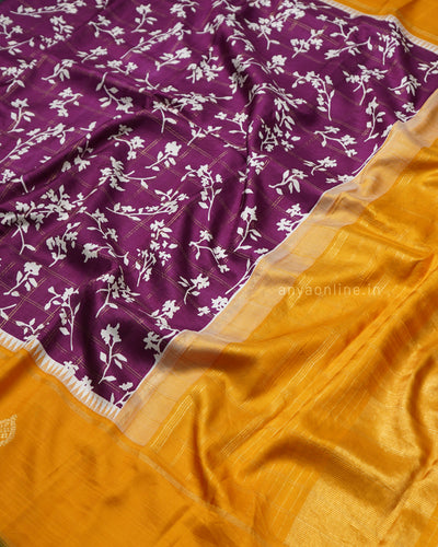 Wine Printed Kanchi Silk Saree with Zari Checks and Floral Print Design