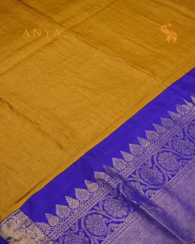 Oil Mustard Zari Checks Tussar Silk Saree with Meenakshi Blue Kanchi Silk Getti Self Pallu