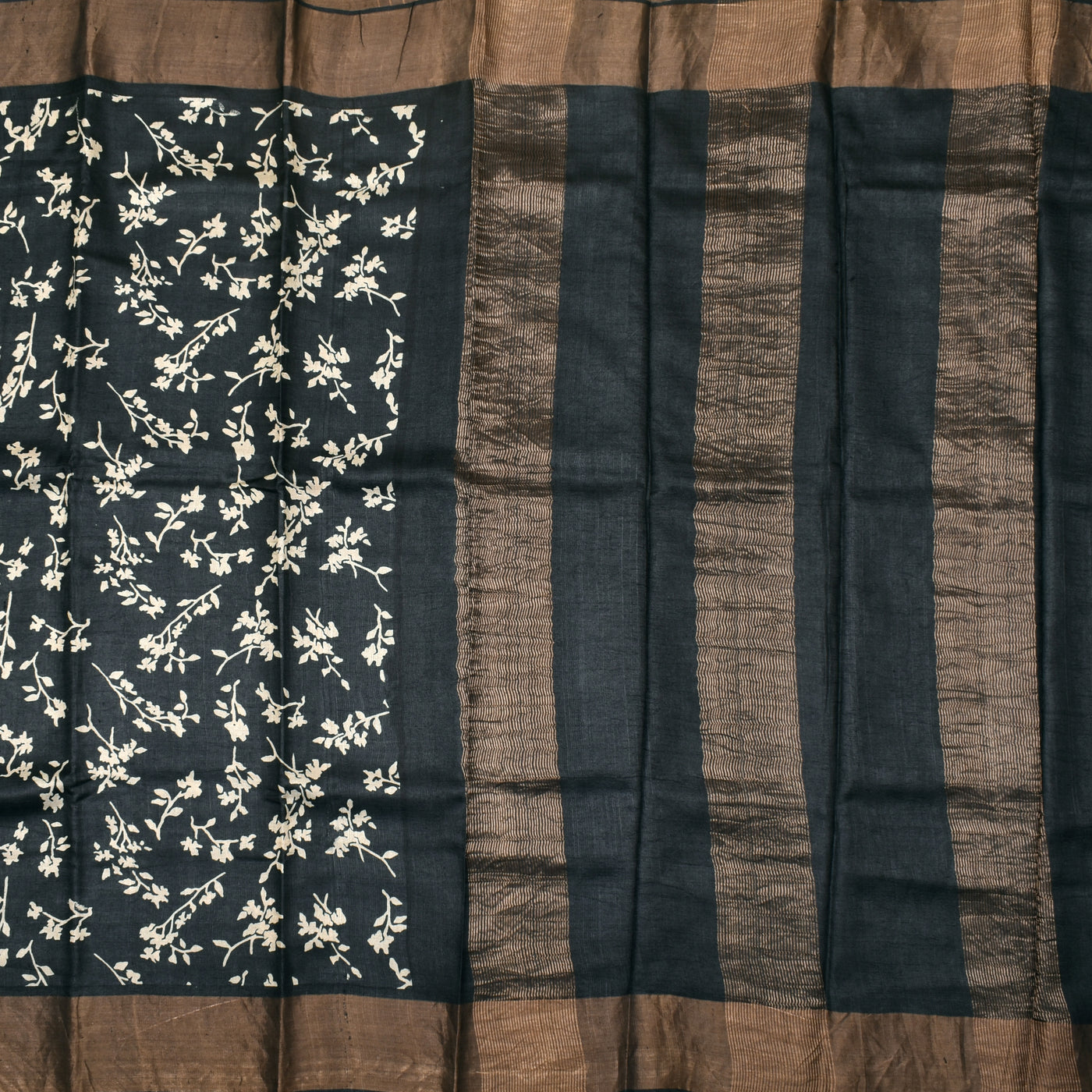 Black Tussar Silk Saree with Flower Printed Design