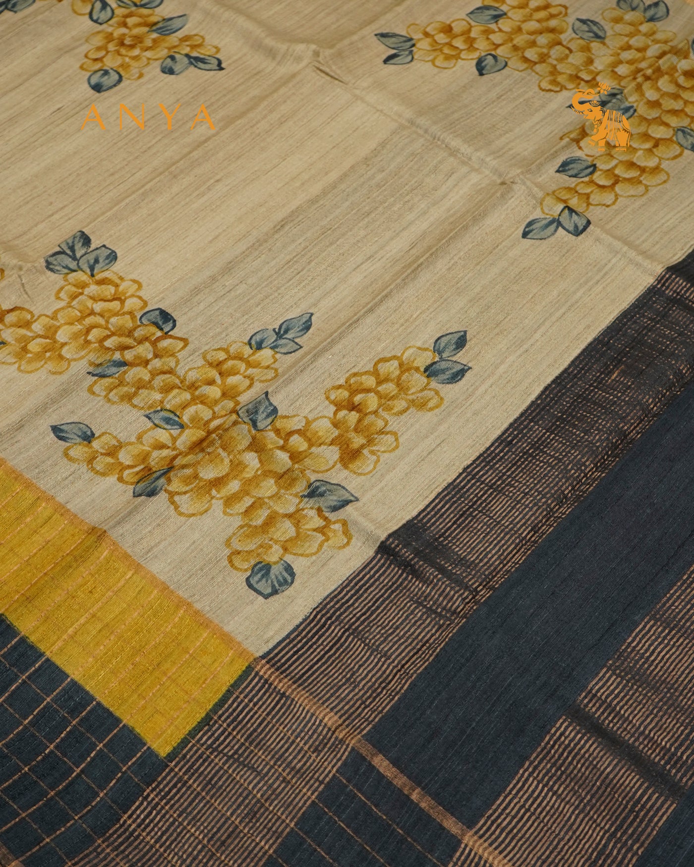 Off White Tussar Silk Saree with Floral Print Design