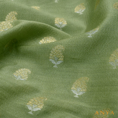 Apple Green Tussar Raw Silk Fabric with Banarasi Butta Design