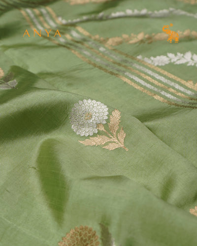 Apple Green Satin Silk Banarasi Saree with Floral Motifs Design