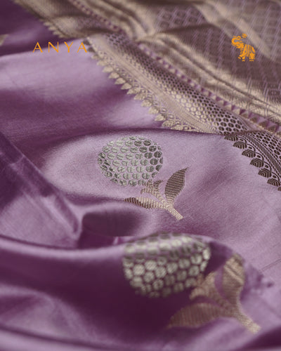 Lavender Satin Silk Banarasi Saree with Floral Zari Motifs Design