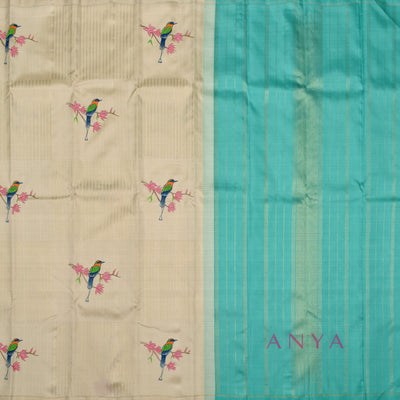 Off White Hand Painted Kanchi Silk Saree with Bird Painted and Zari Box Design