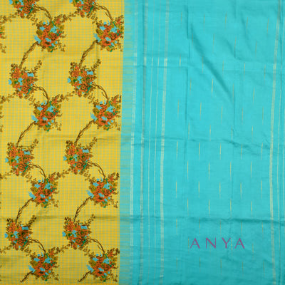 Mustard Printed Kanchi Silk Saree with Small Checks and Floral Design