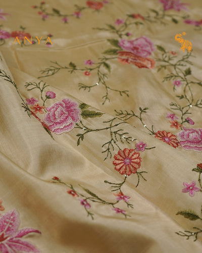 Off White Kanchi Silk Saree with Floral Embroidery Design