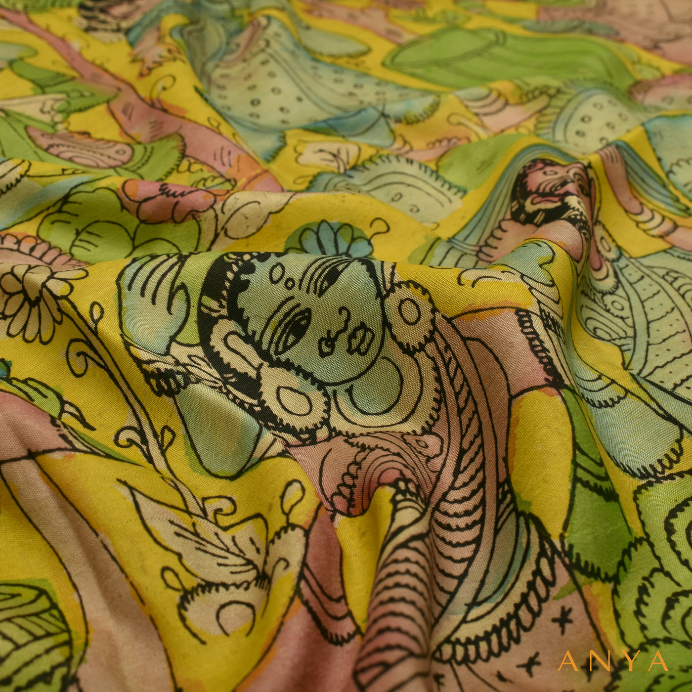 Yellow Pen Kalamkari Kanchi Silk Fabric