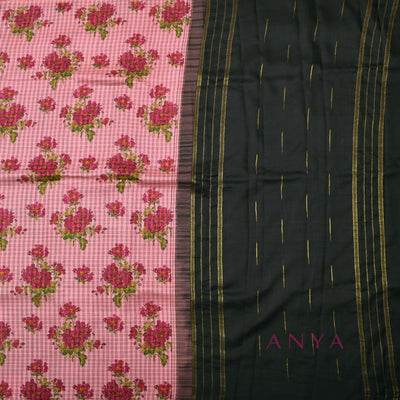 Pink Printed Kanchi Silk Saree with Small Checks and Floral Design