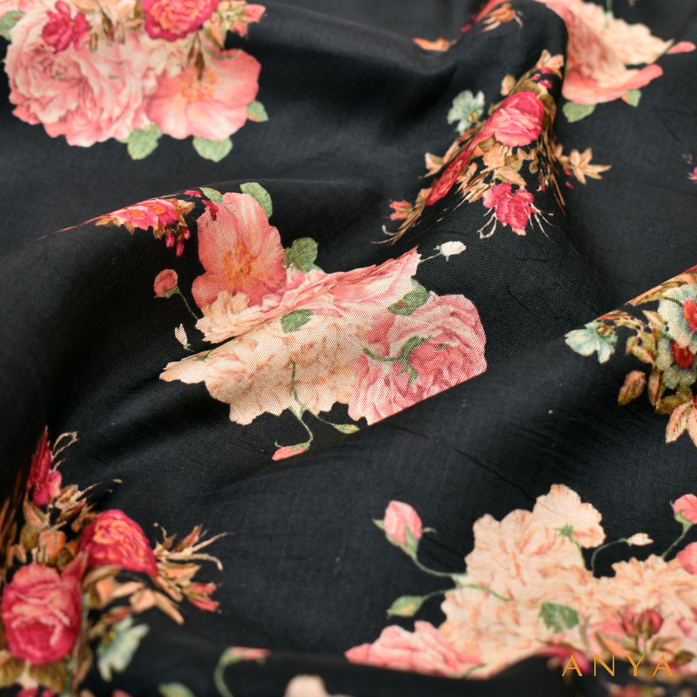 Black Kanchi Discharge Printed Silk Fabric with Floral Design