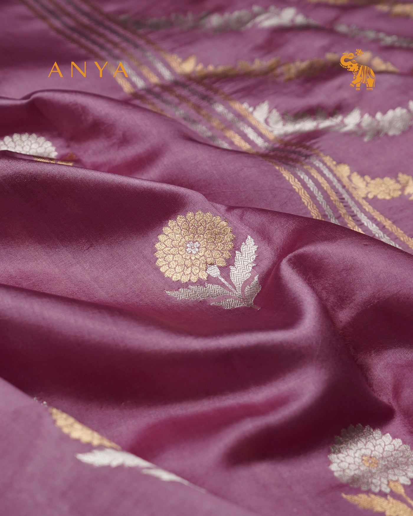 Lavender Satin Silk Banarasi Saree with Floral Zari Motifs Design