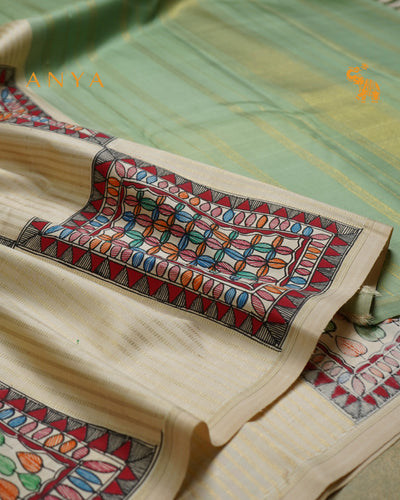 Off White Madhubani Kanchi Silk Saree with Box Pattern Design