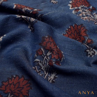 Indigo Blue Tussar Ajrak Print Fabric