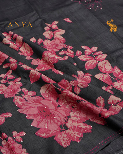 Black Tussar Silk Saree with Floral Kantha Work Design