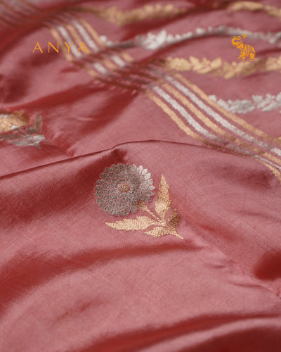 Peach Satin Silk Banarasi Saree with Floral Zari Motifs Design