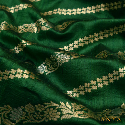 Bottle Green Banarasi Silk Fabric with Cross Stripes Design
