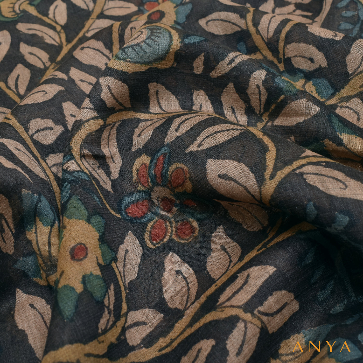 Black Tussar Silk Fabric with Kalamkari Design