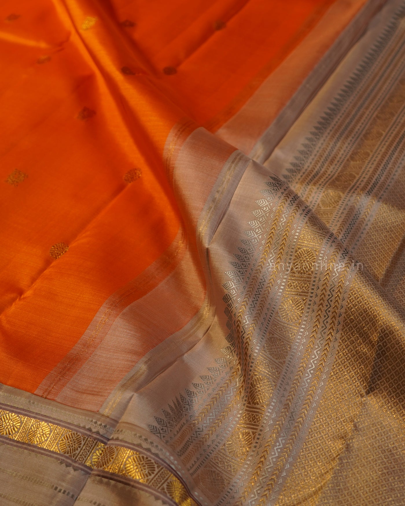 Milagai Orange Kanchi Classic Saree with Annam Butta Design