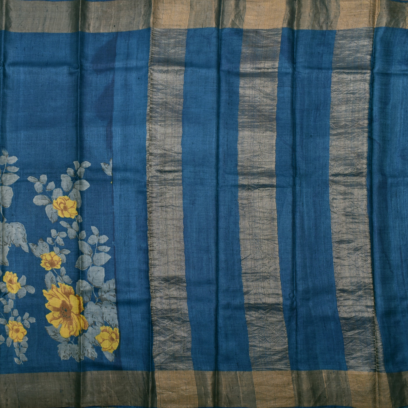 Indigo Blue Tussar Silk Saree with Floral Printed Design