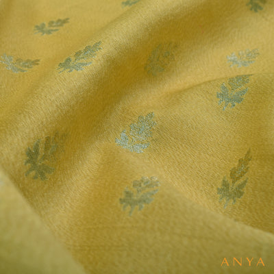 Lemon Yellow Tussar Raw Silk Fabric with Banarasi Butta Design
