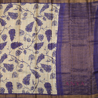 Off White Tussar Silk Saree with Leaf Print and Zari Checks Design