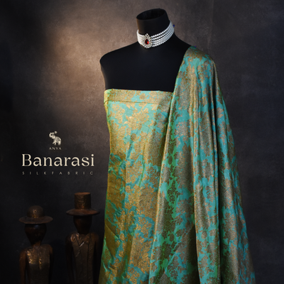 Mint Green Banarasi Silk Fabric with Antique Floral Creeper Design