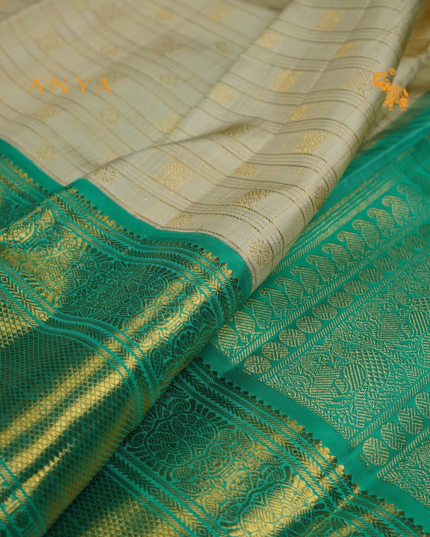 Off White Kanchipuram Silk Saree with Zari Kattam Design