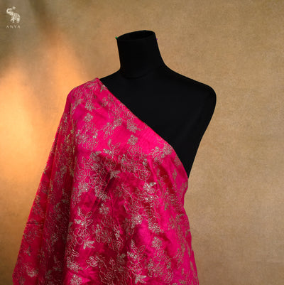 Pink Tussar Raw Silk Embroidery Fabric