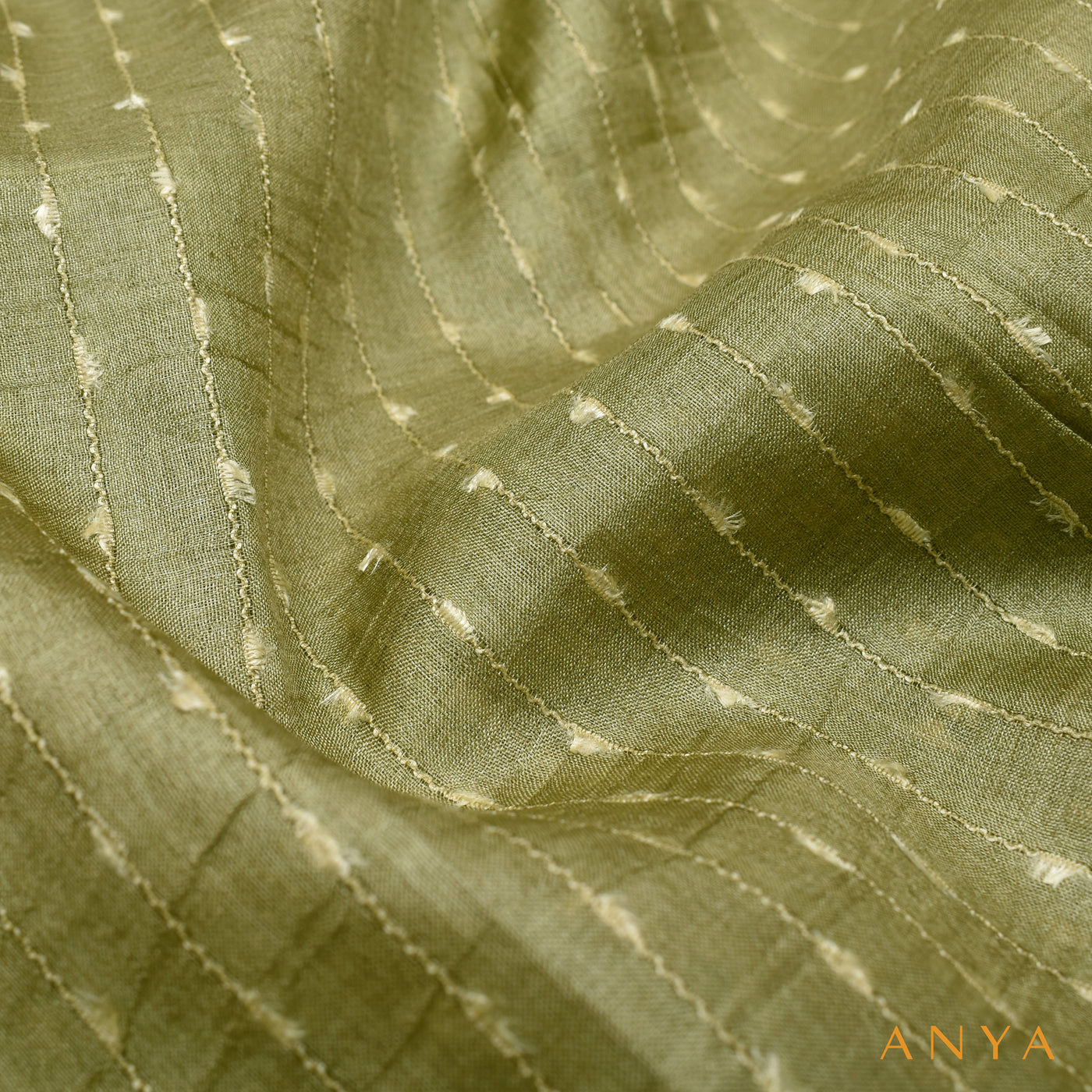 Elaichi Green Tussar Silk Fabric with Thread Lines Design